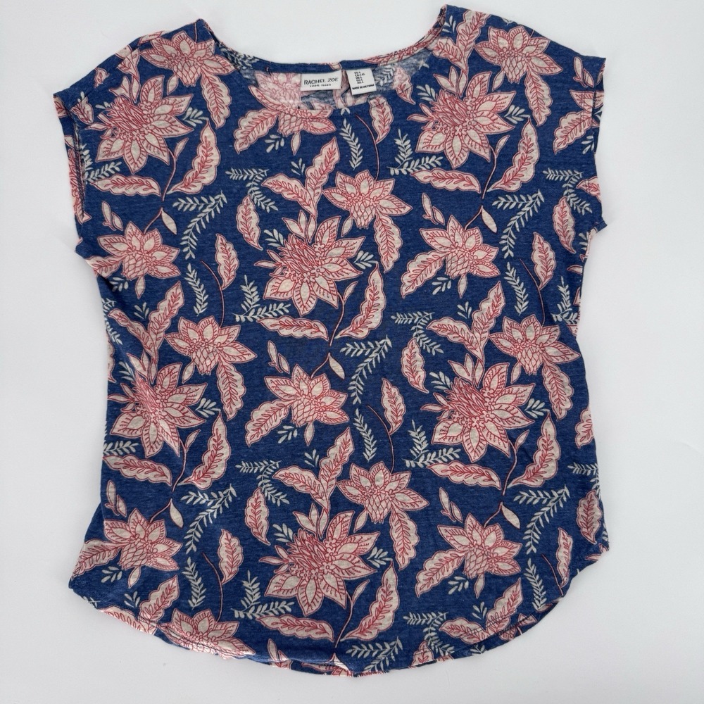 Rachel Zoe 100% Linen Floral Tee Boho Coastal Grandmother Blue Leaf Print Large